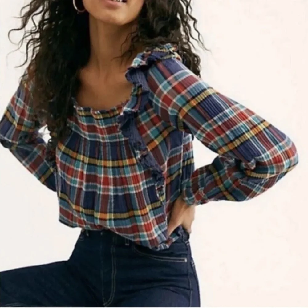 EUC Free People Multicolor Plaid Ruffle Blouse Small - Picture 2 of 12